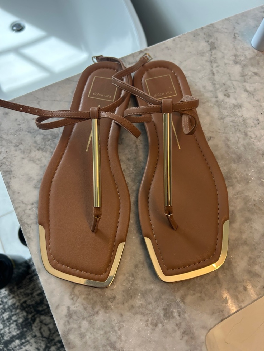 Dolce Vita Tan Leather T-Strap Sandals with Gold Trim